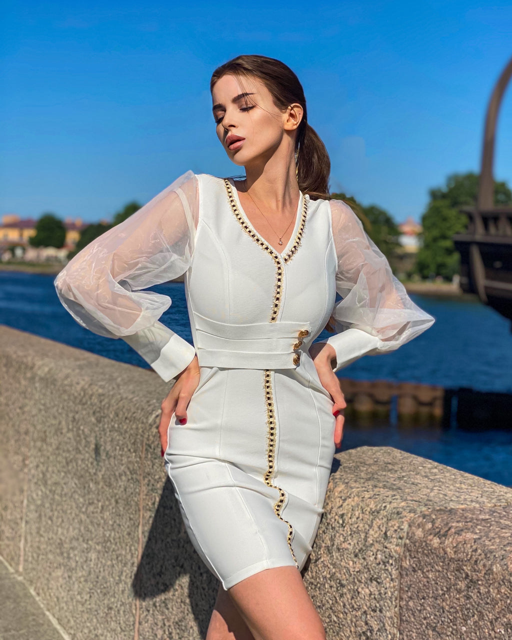 Embellished Mesh Long Sleeve Bandage Dress - LEPITON